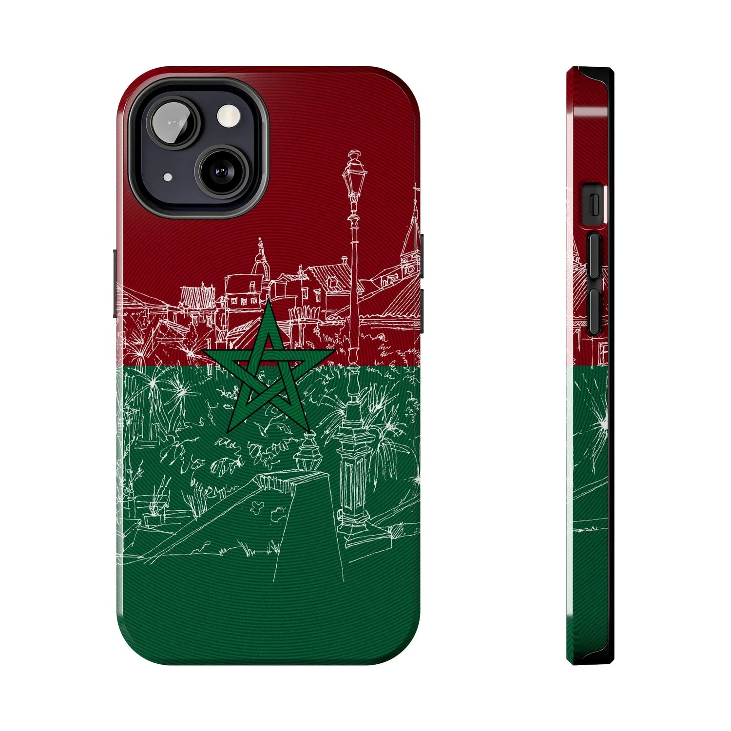 Morocco Flag Sketch Tough Phone Case — Red &amp; Green Casablanca Cityscape - DiwaKi