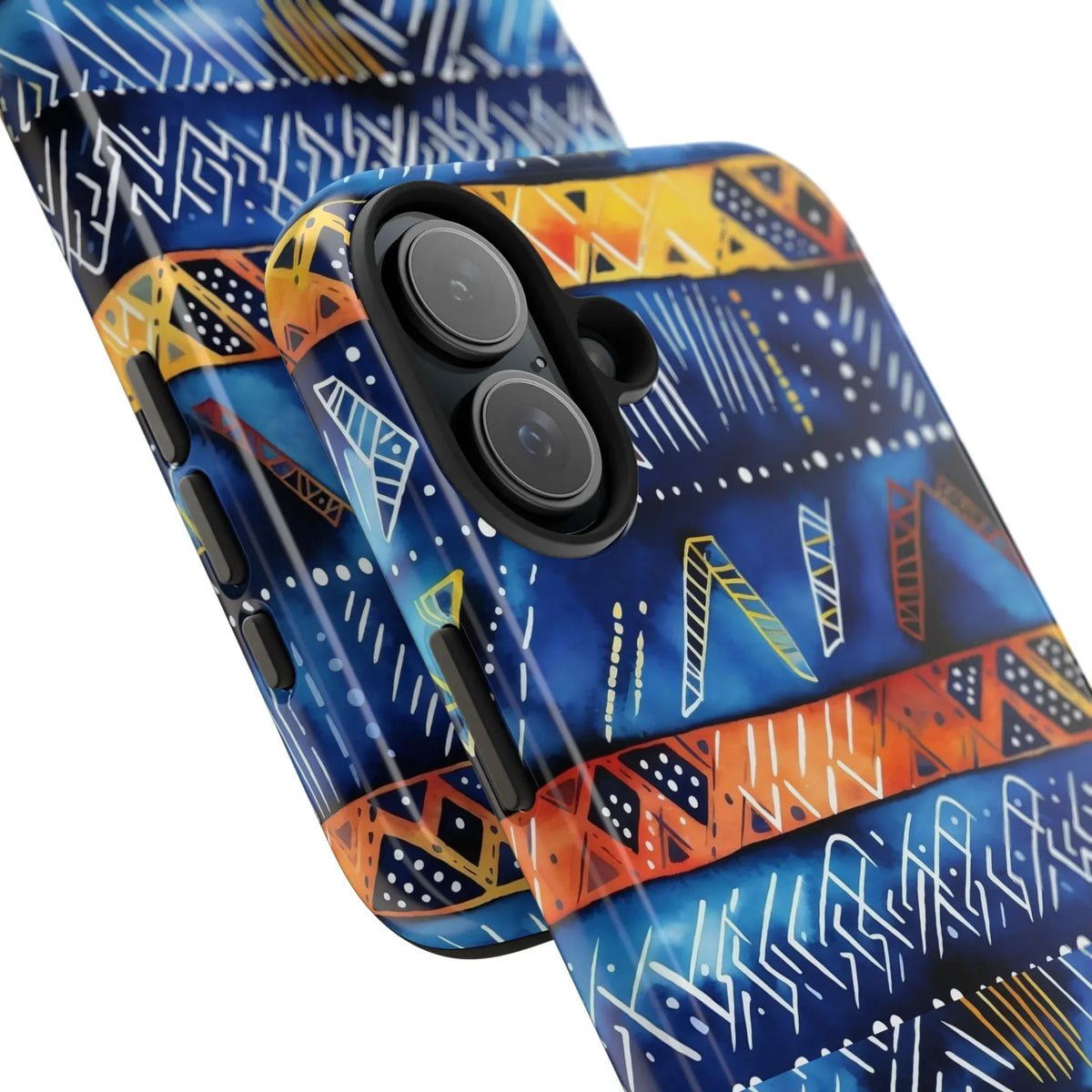 African mudcloth Tribal Indigo Stripe Tough Phone Case — Blue &amp; Orange Geometric Protective Cover - DiwaKi