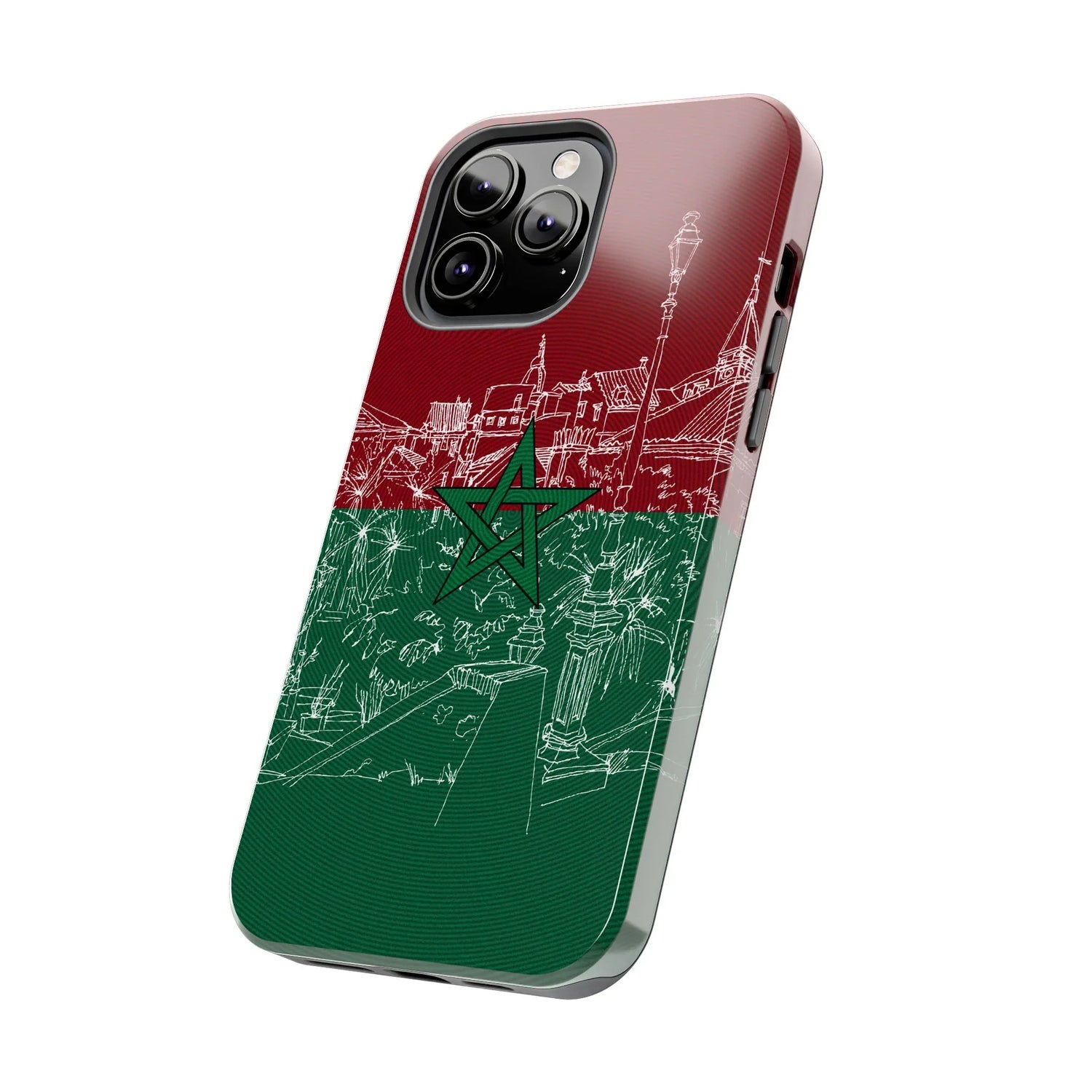Morocco Flag Sketch Tough Phone Case — Red &amp; Green Casablanca Cityscape - DiwaKi
