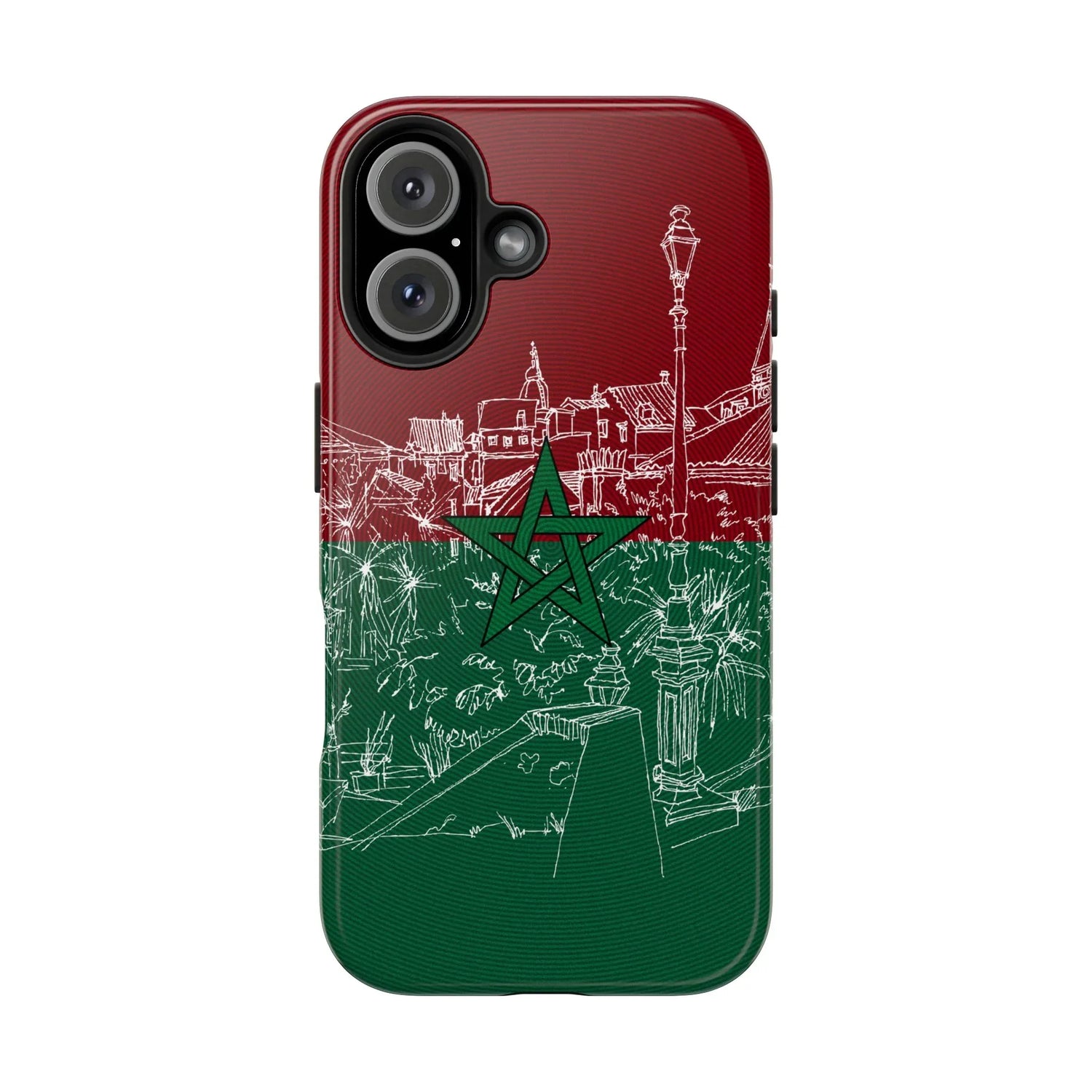 Morocco Flag Sketch Tough Phone Case — Red &amp; Green Casablanca Cityscape - DiwaKi