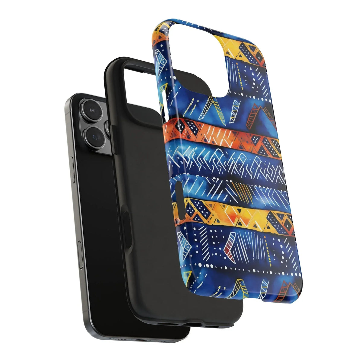 African mudcloth Tribal Indigo Stripe Tough Phone Case — Blue &amp; Orange Geometric Protective Cover - DiwaKi