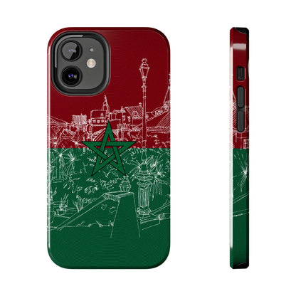 Morocco Flag Sketch Tough Phone Case — Red &amp; Green Casablanca Cityscape - DiwaKi