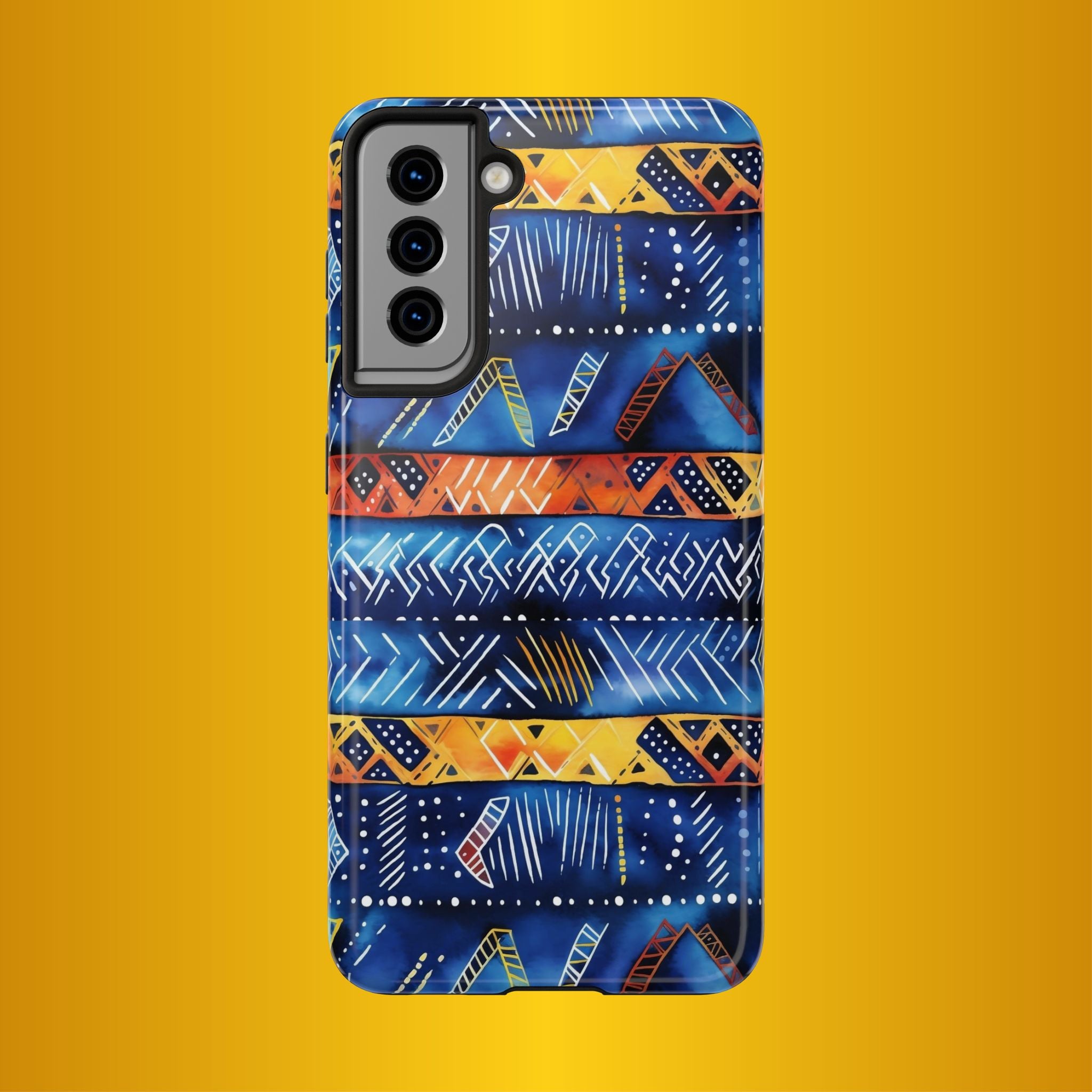 African mudcloth Tribal Indigo Stripe Tough Phone Case — Blue &amp; Orange Geometric Protective Cover
