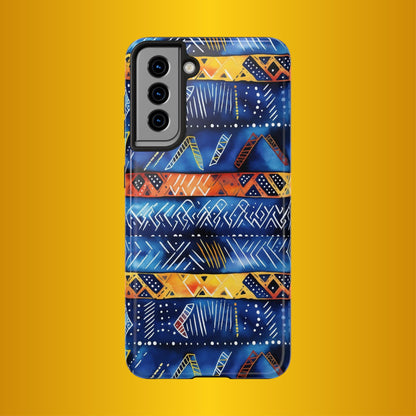 African mudcloth Tribal Indigo Stripe Tough Phone Case — Blue &amp; Orange Geometric Protective Cover