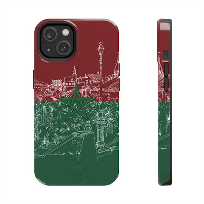 Morocco Flag Sketch Tough Phone Case — Red &amp; Green Casablanca Cityscape - DiwaKi
