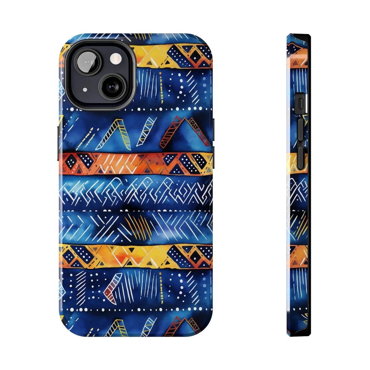African mudcloth Tribal Indigo Stripe Tough Phone Case — Blue &amp; Orange Geometric Protective Cover - DiwaKi