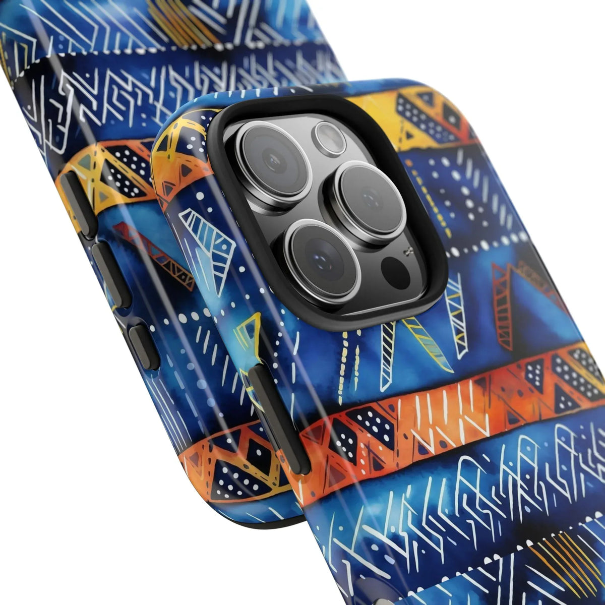 African mudcloth Tribal Indigo Stripe Tough Phone Case — Blue &amp; Orange Geometric Protective Cover - DiwaKi