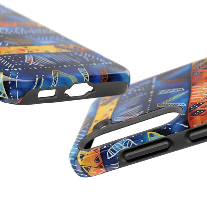 African mudcloth Tribal Indigo Stripe Tough Phone Case — Blue &amp; Orange Geometric Protective Cover