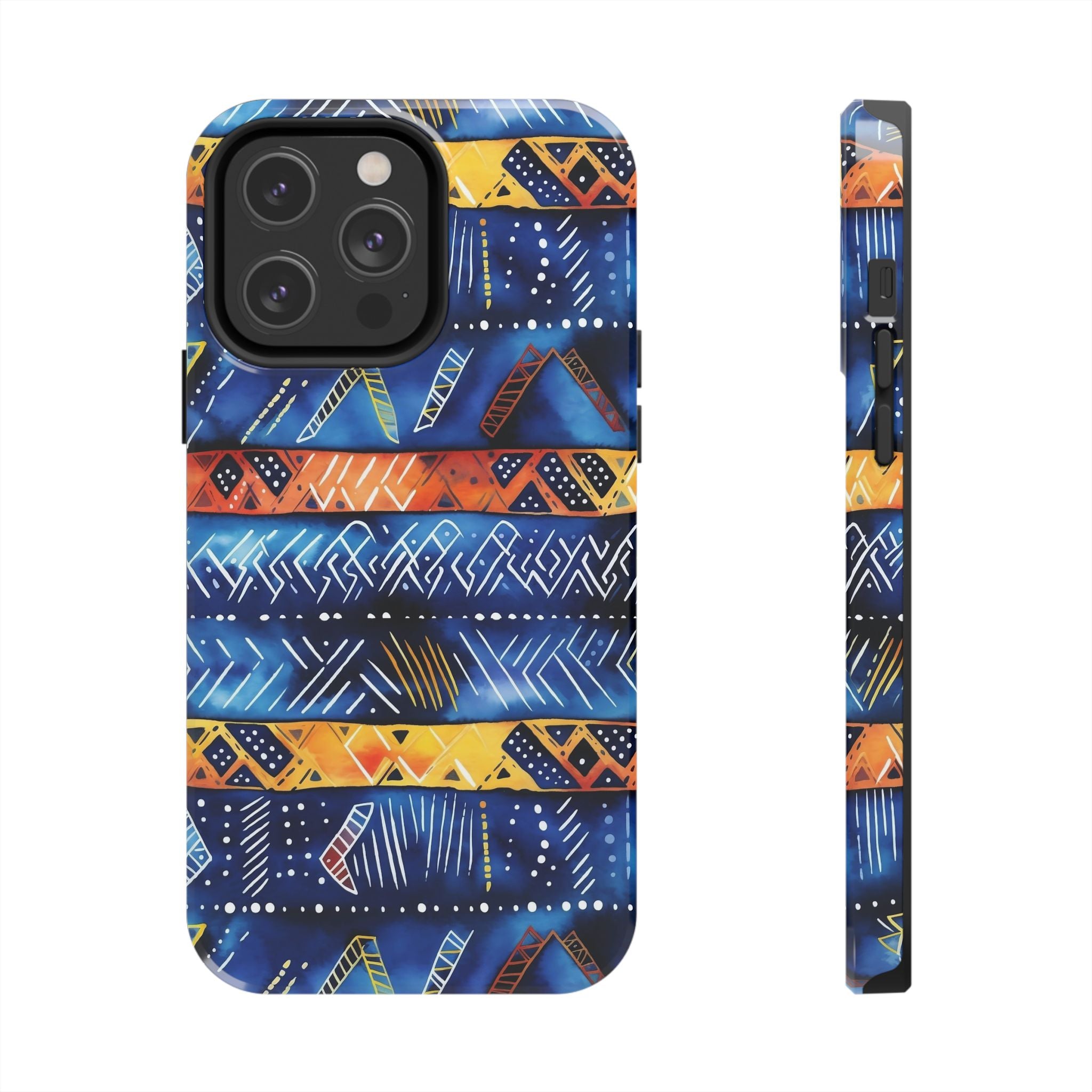 African mudcloth Tribal Indigo Stripe Tough Phone Case — Blue &amp; Orange Geometric Protective Cover