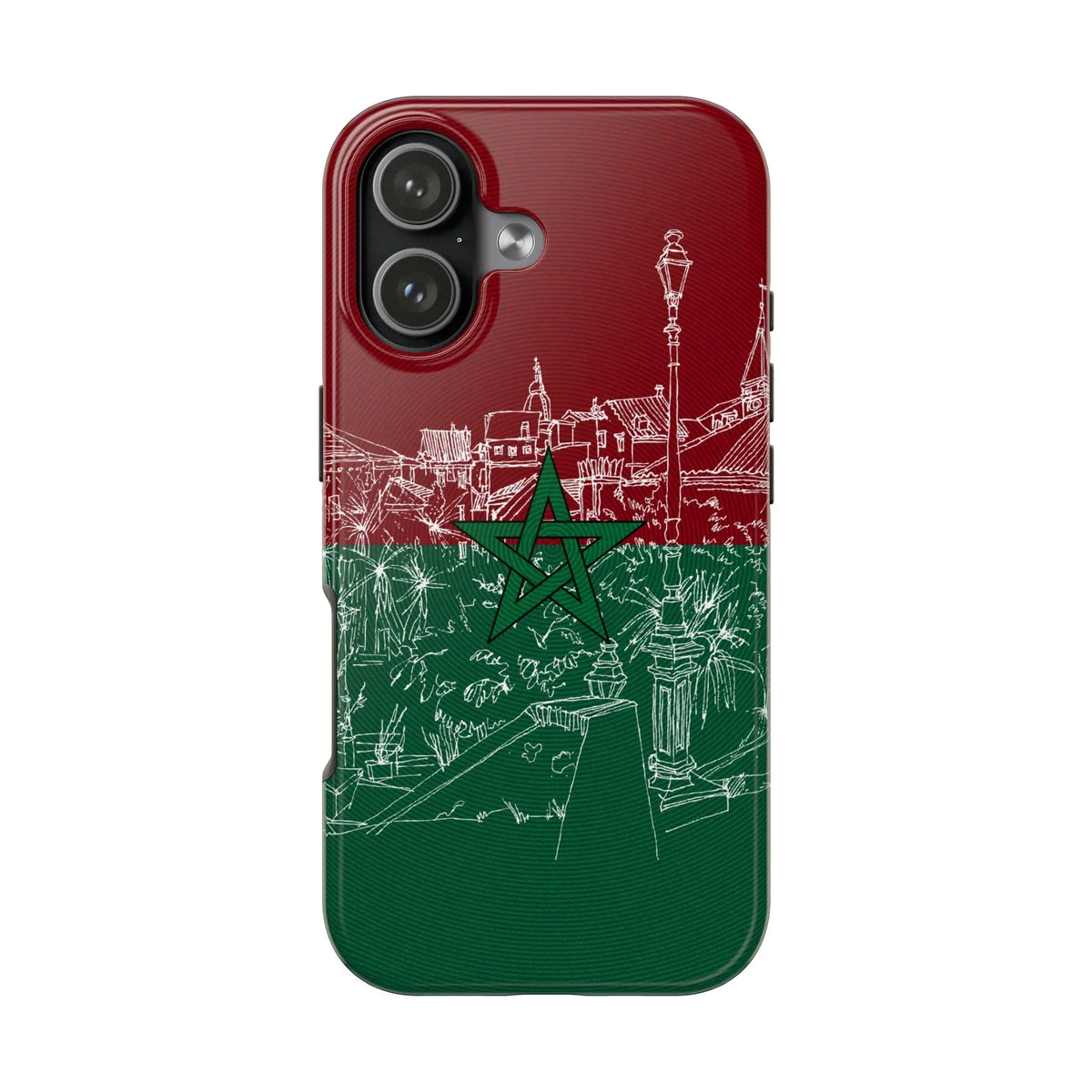 Morocco Flag Sketch Tough Phone Case — Red &amp; Green Casablanca Cityscape - DiwaKi
