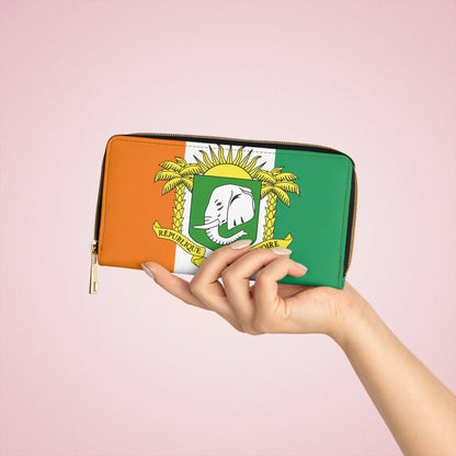 Ivory Coast Flag Zipper Wallet - Tricolor Travel Wallet with Coat of Arms - DiwaKi