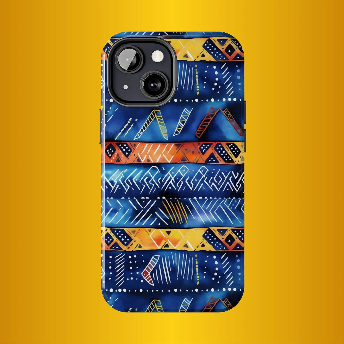 African mudcloth Tribal Indigo Stripe Tough Phone Case — Blue &amp; Orange Geometric Protective Cover - DiwaKi