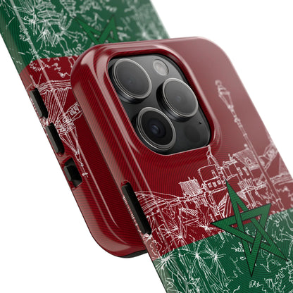 Morocco Flag Sketch Tough Phone Case — Red &amp; Green Casablanca Cityscape - DiwaKi