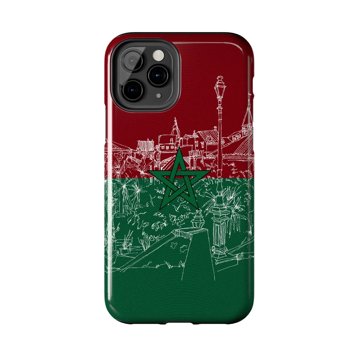 Morocco Flag Sketch Tough Phone Case — Red &amp; Green Casablanca Cityscape - DiwaKi