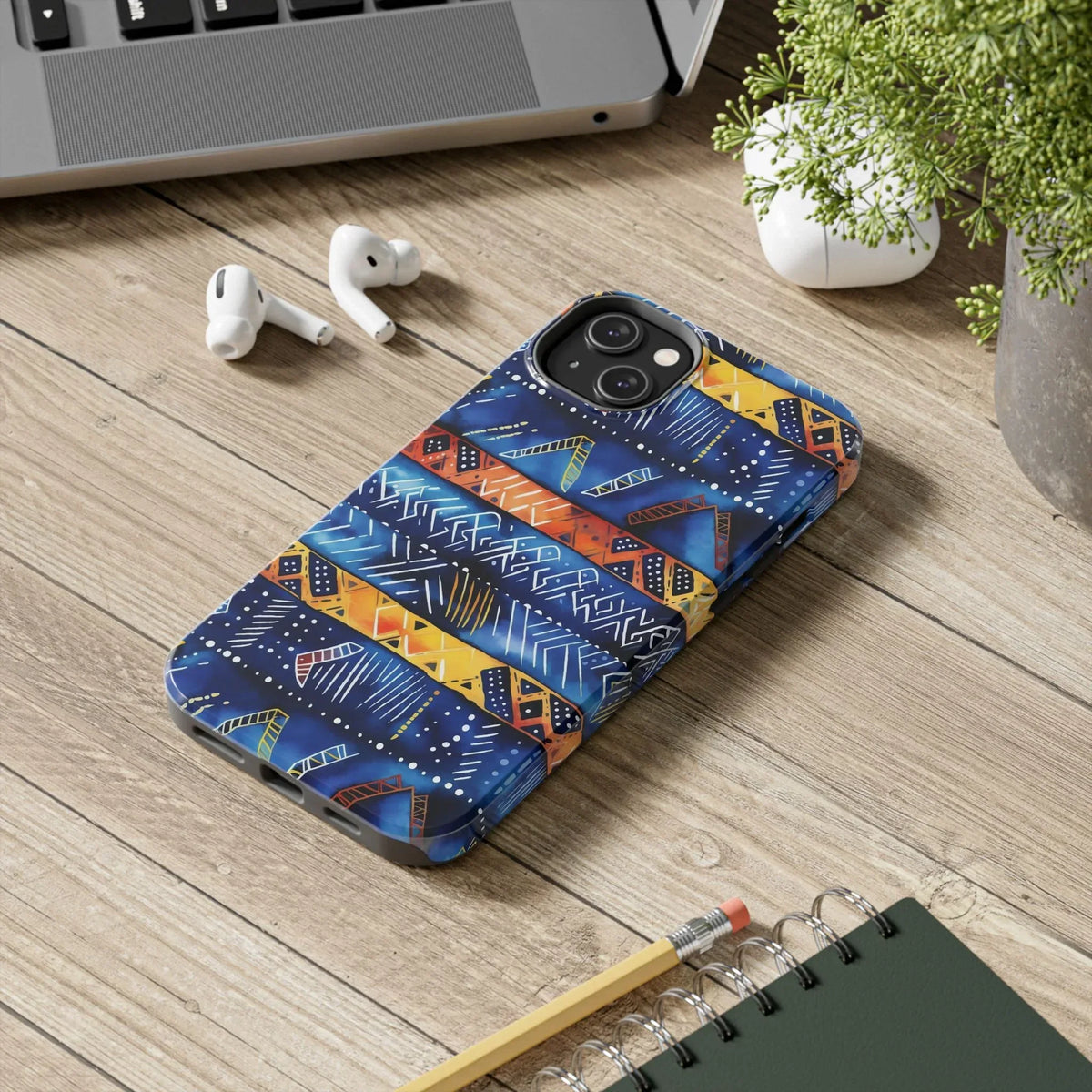 African mudcloth Tribal Indigo Stripe Tough Phone Case — Blue &amp; Orange Geometric Protective Cover - DiwaKi