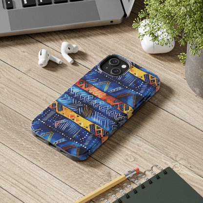African mudcloth Tribal Indigo Stripe Tough Phone Case — Blue &amp; Orange Geometric Protective Cover