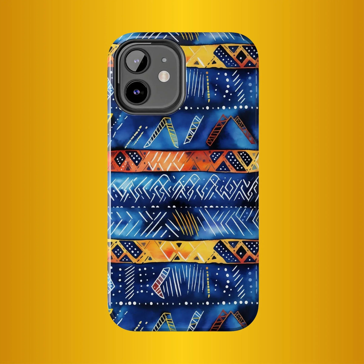 African mudcloth Tribal Indigo Stripe Tough Phone Case — Blue &amp; Orange Geometric Protective Cover - DiwaKi