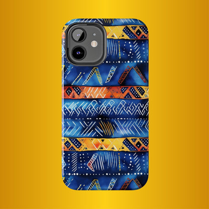 African mudcloth Tribal Indigo Stripe Tough Phone Case — Blue &amp; Orange Geometric Protective Cover