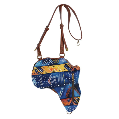 PU Leather Africa Map blue bogolan print Bag - DiwaKi