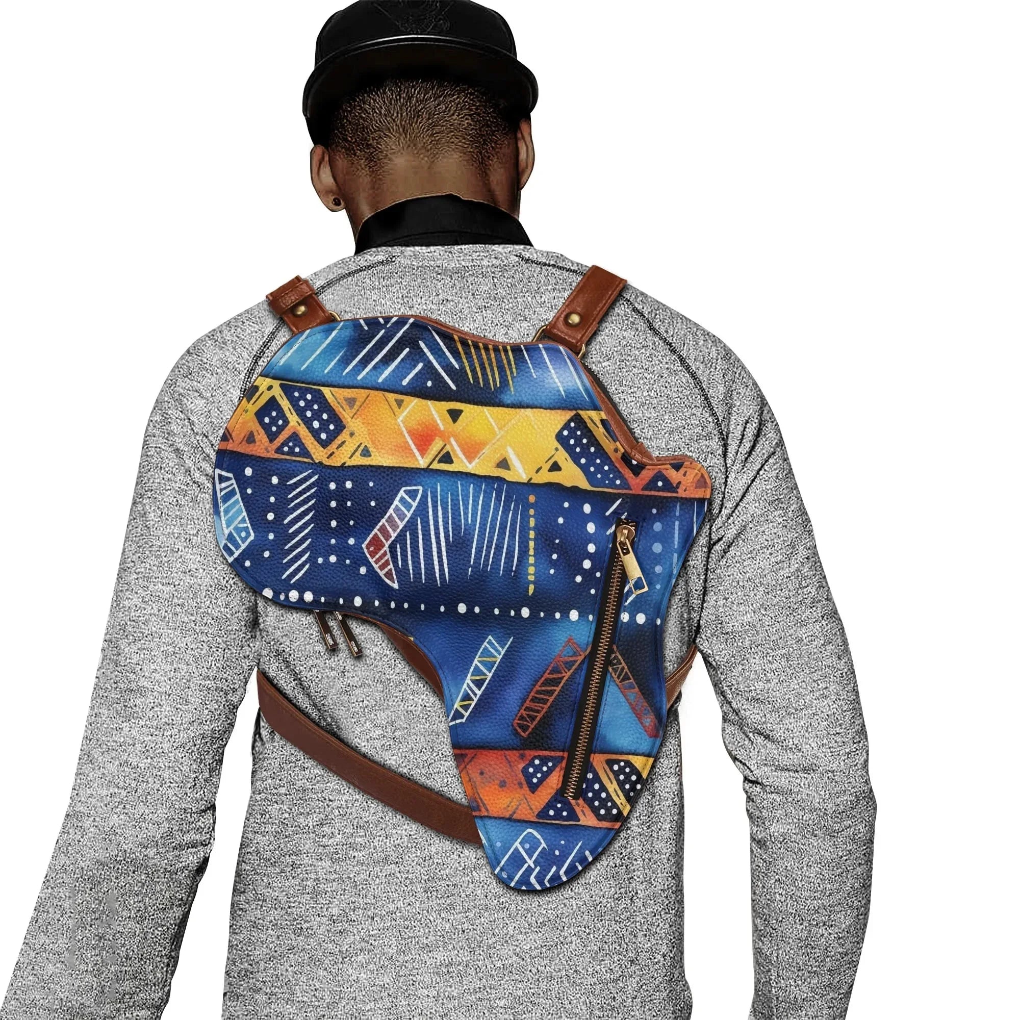 PU Leather Africa Map blue bogolan print Bag - DiwaKi