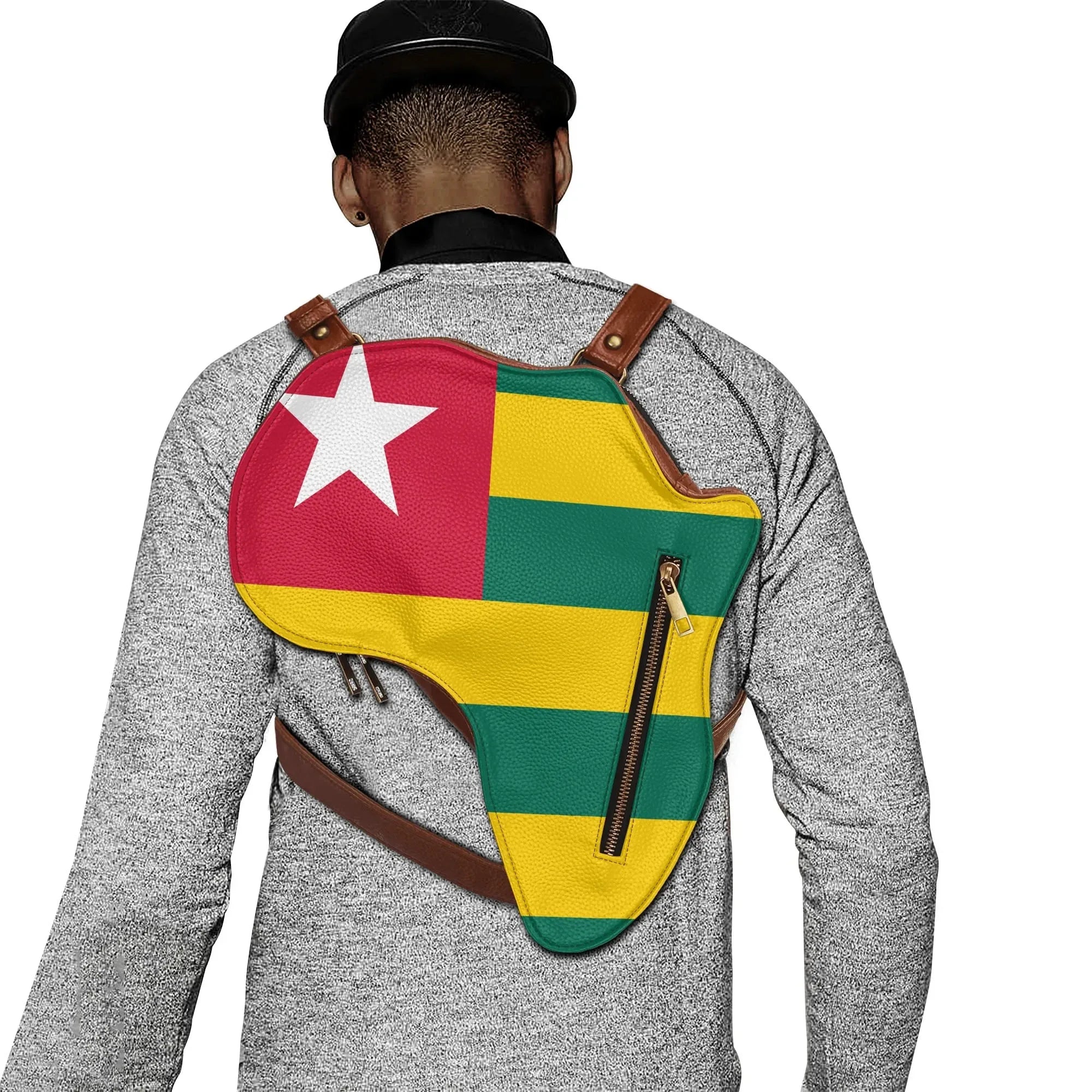 Africa Map Travel Backpack in Black &amp; Brown PU Leather, Perfect for Togo Enthusiasts - DiwaKi