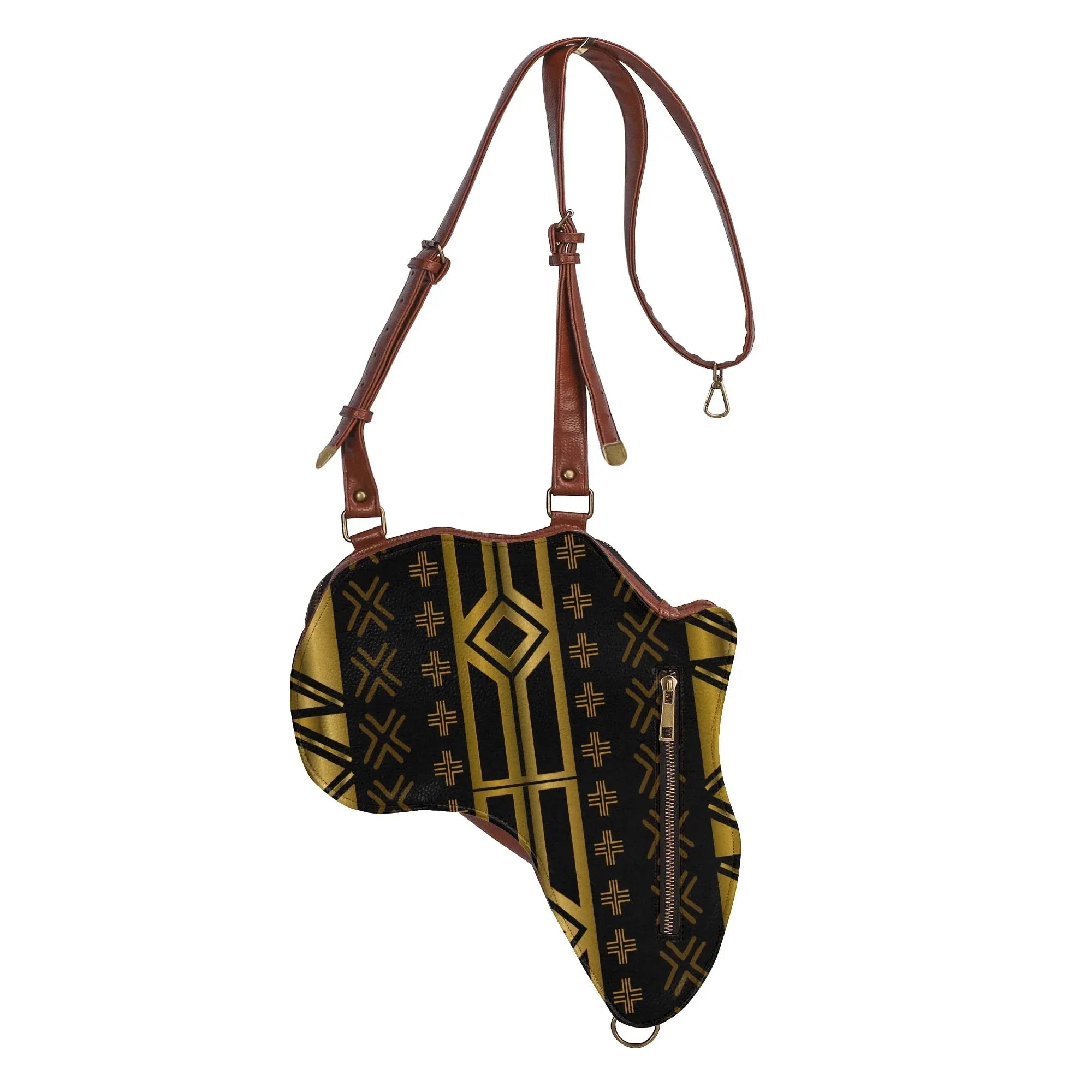 PU Leather Africa Map Bag for Africa black and gold bogolan pattern - DiwaKi