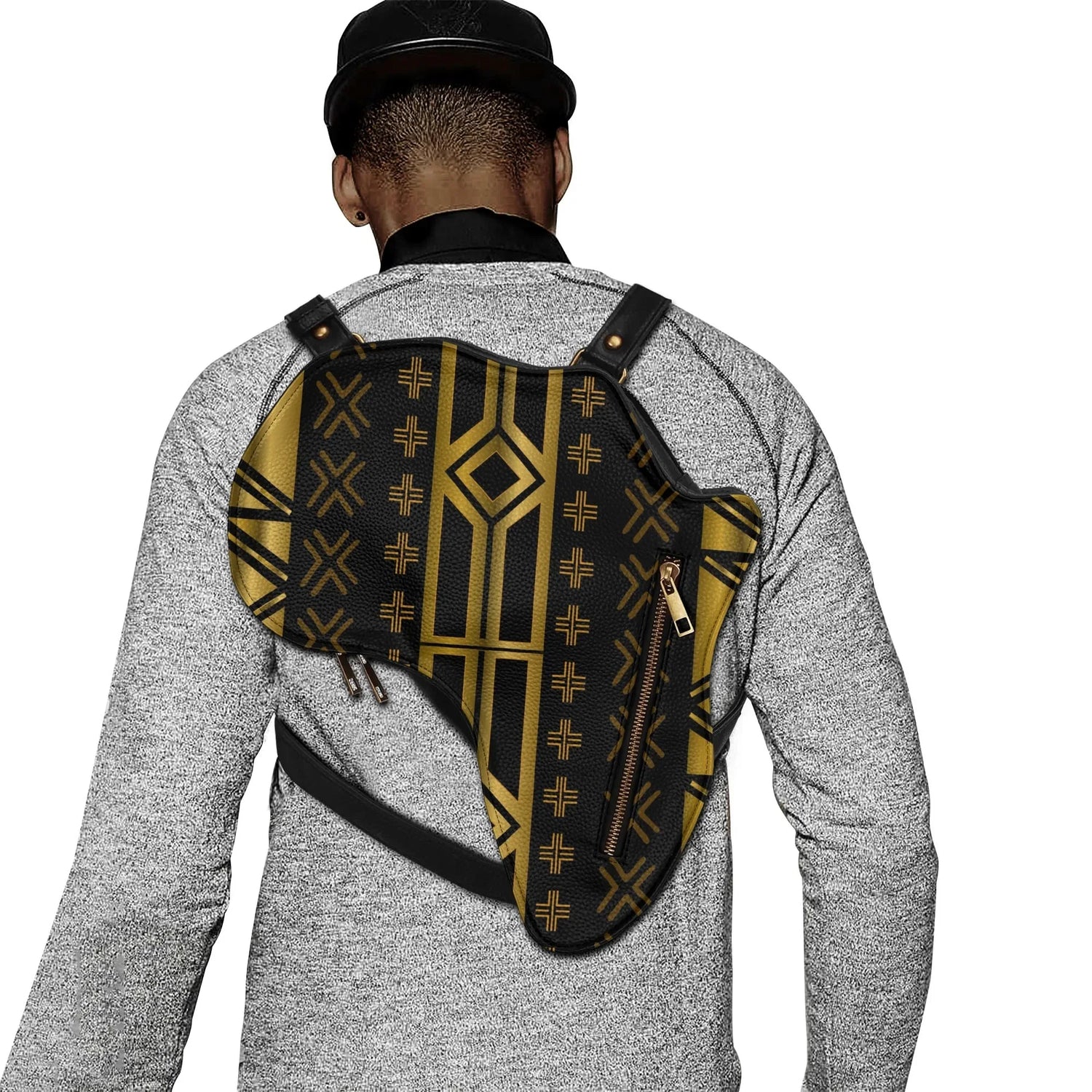 PU Leather Africa Map Bag for Africa black and gold bogolan pattern - DiwaKi