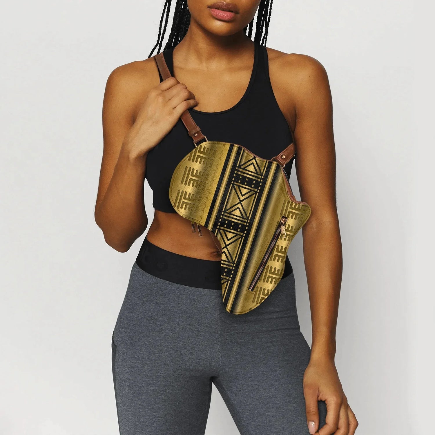 PU Leather Africa Map black and gold bogolan pattern Bag - DiwaKi