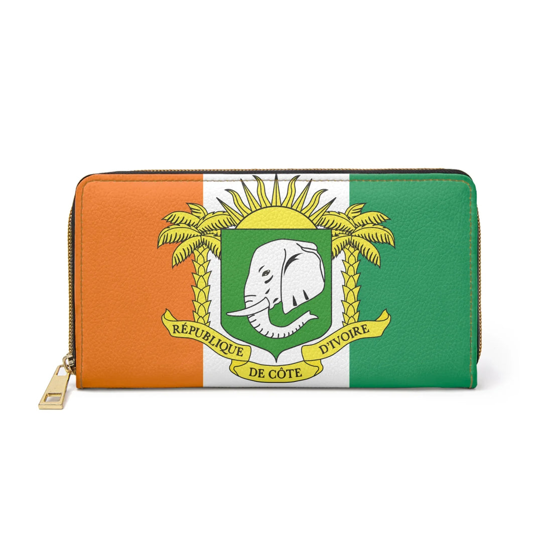 Ivory Coast Flag Zipper Wallet - Tricolor Travel Wallet with Coat of Arms - DiwaKi
