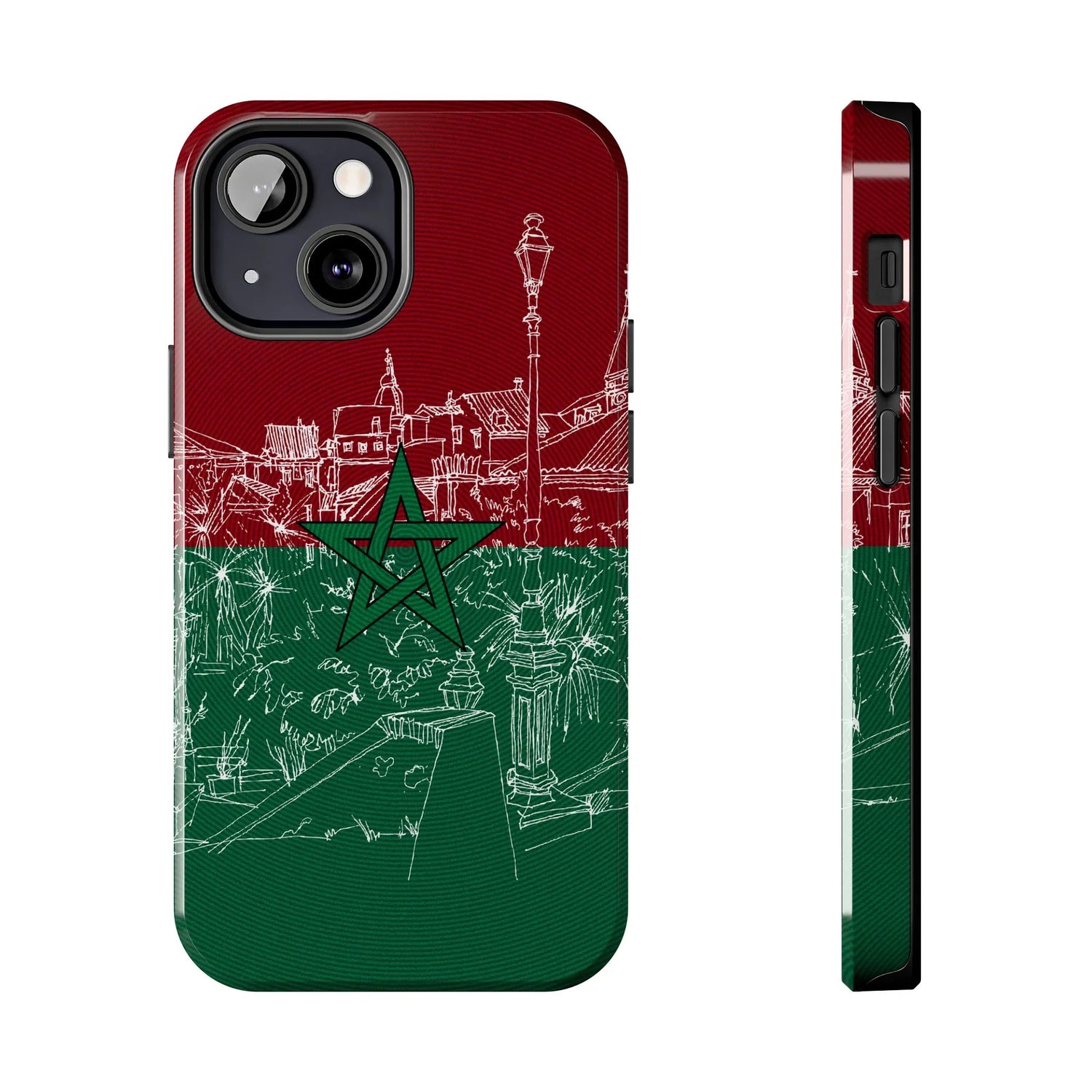 Morocco Flag Sketch Tough Phone Case — Red &amp; Green Casablanca Cityscape - DiwaKi