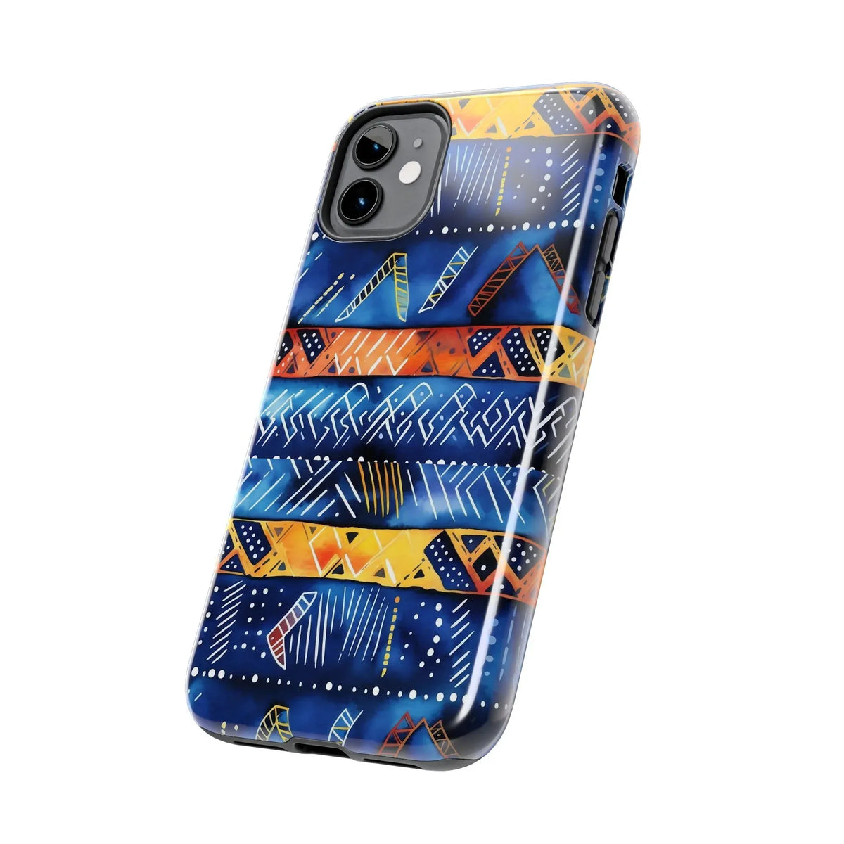 African mudcloth Tribal Indigo Stripe Tough Phone Case — Blue &amp; Orange Geometric Protective Cover - DiwaKi