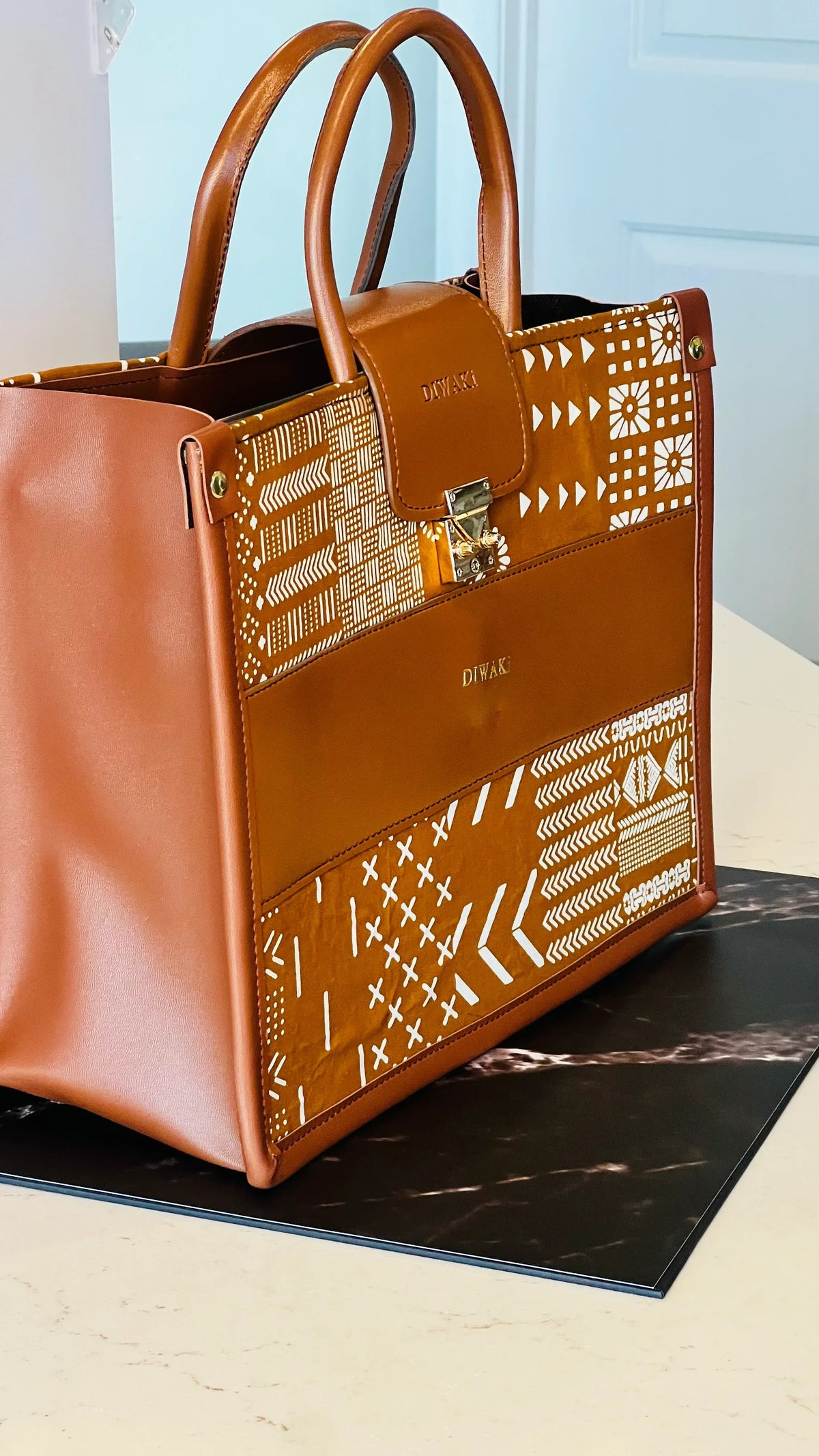 Diwaki tan mud cloth African tote bag - DiwaKi