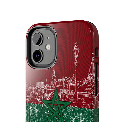 Morocco Flag Sketch Tough Phone Case — Red &amp; Green Casablanca Cityscape - DiwaKi