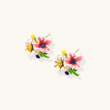 Colorful floral cluster stud earrings with pink blooms, white daisies, yellow accents on gold-plated brass base