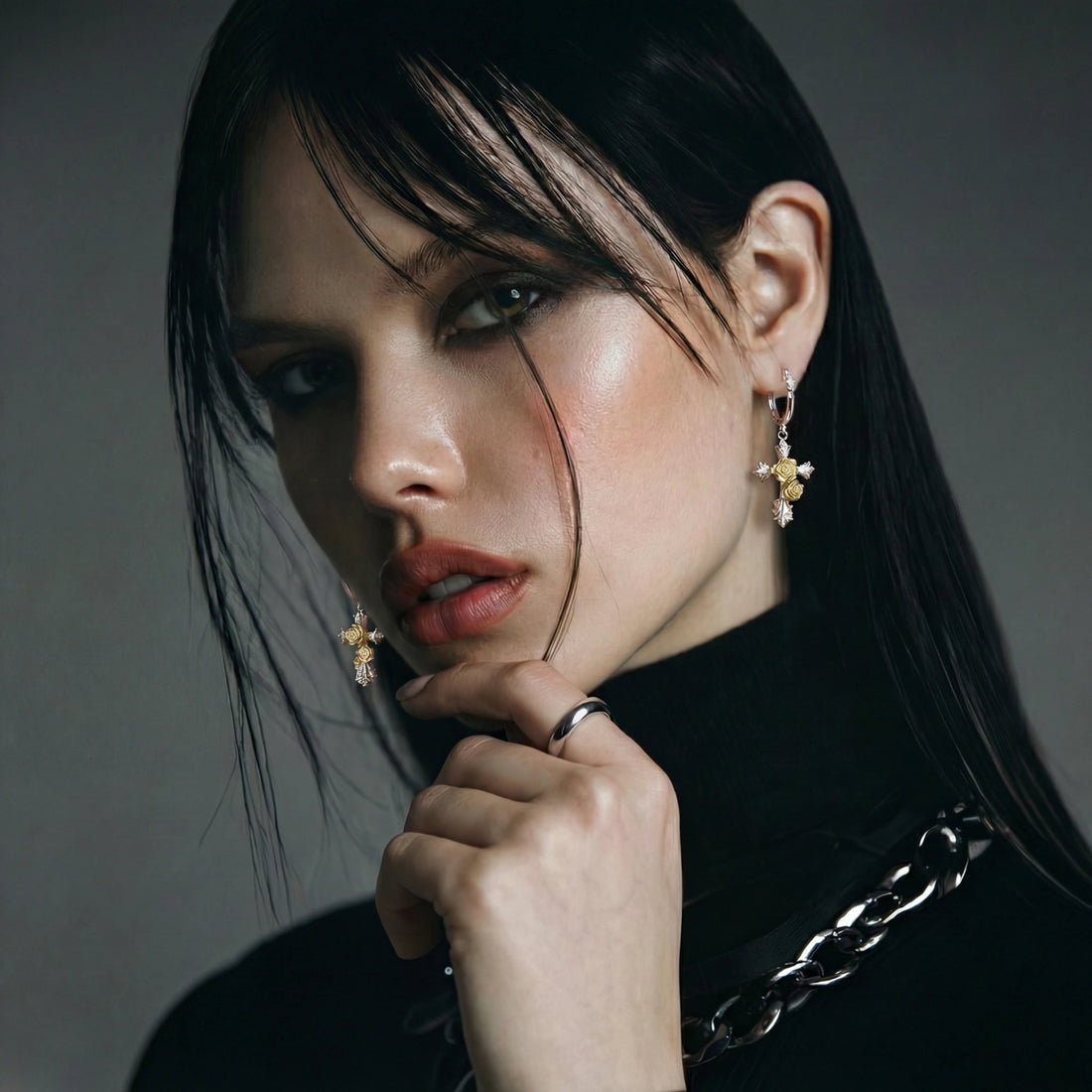 Golden Rose Cross Earrings