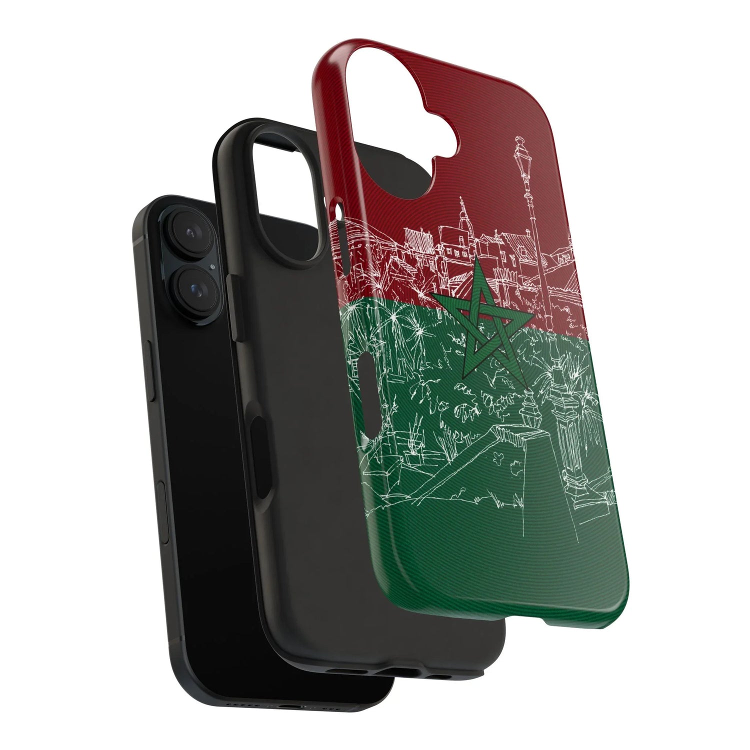 Morocco Flag Sketch Tough Phone Case — Red &amp; Green Casablanca Cityscape - DiwaKi
