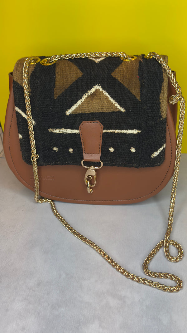 DiwaKi Bogolan Royale Chain Bag – African Mudcloth Leather Shoulder Bag with Gold Chain