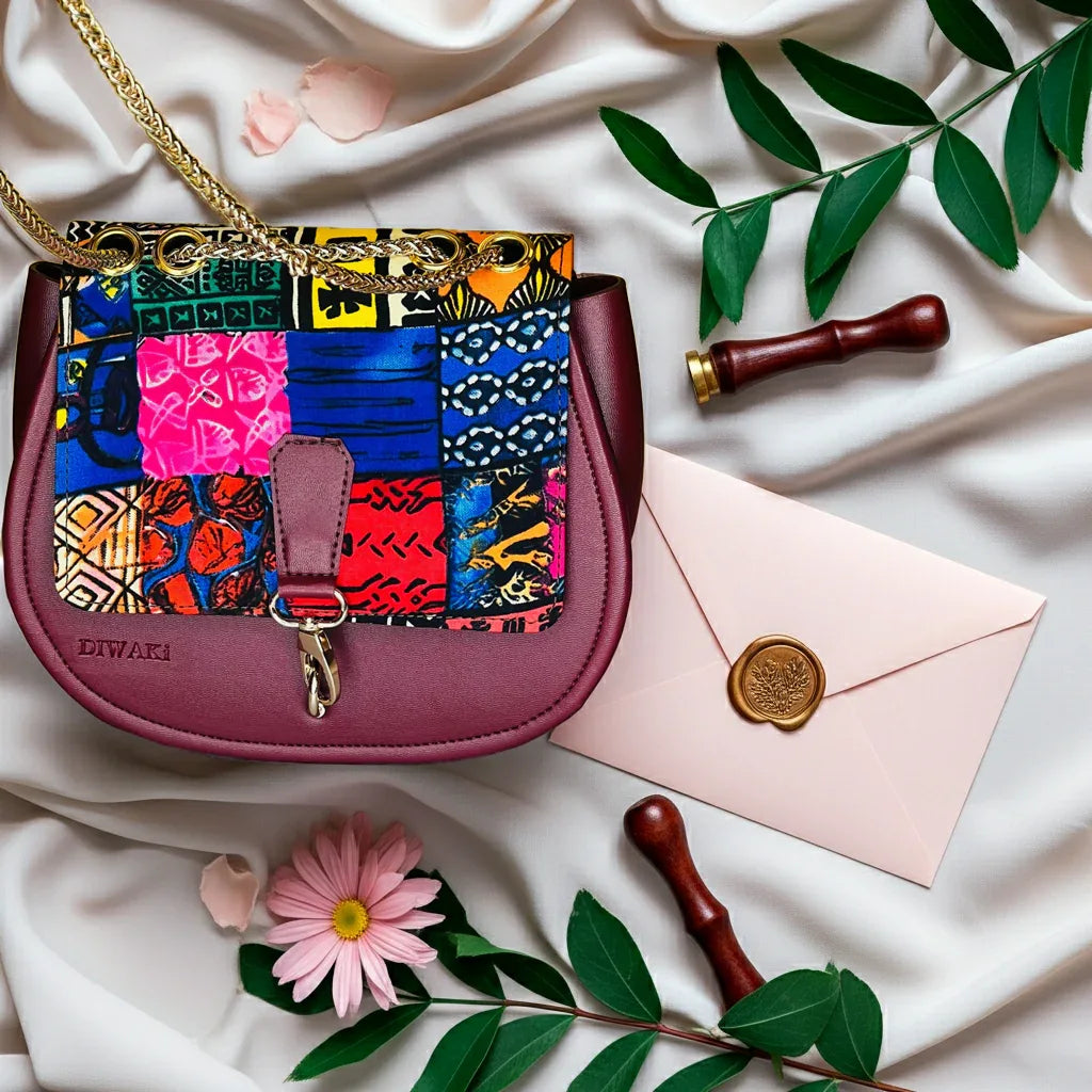 Burgundy Ankara Crossbody with Gold Chain - DiwaKi