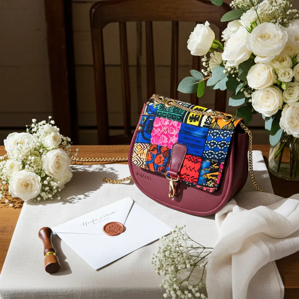 Burgundy Ankara Crossbody with Gold Chain - DiwaKi