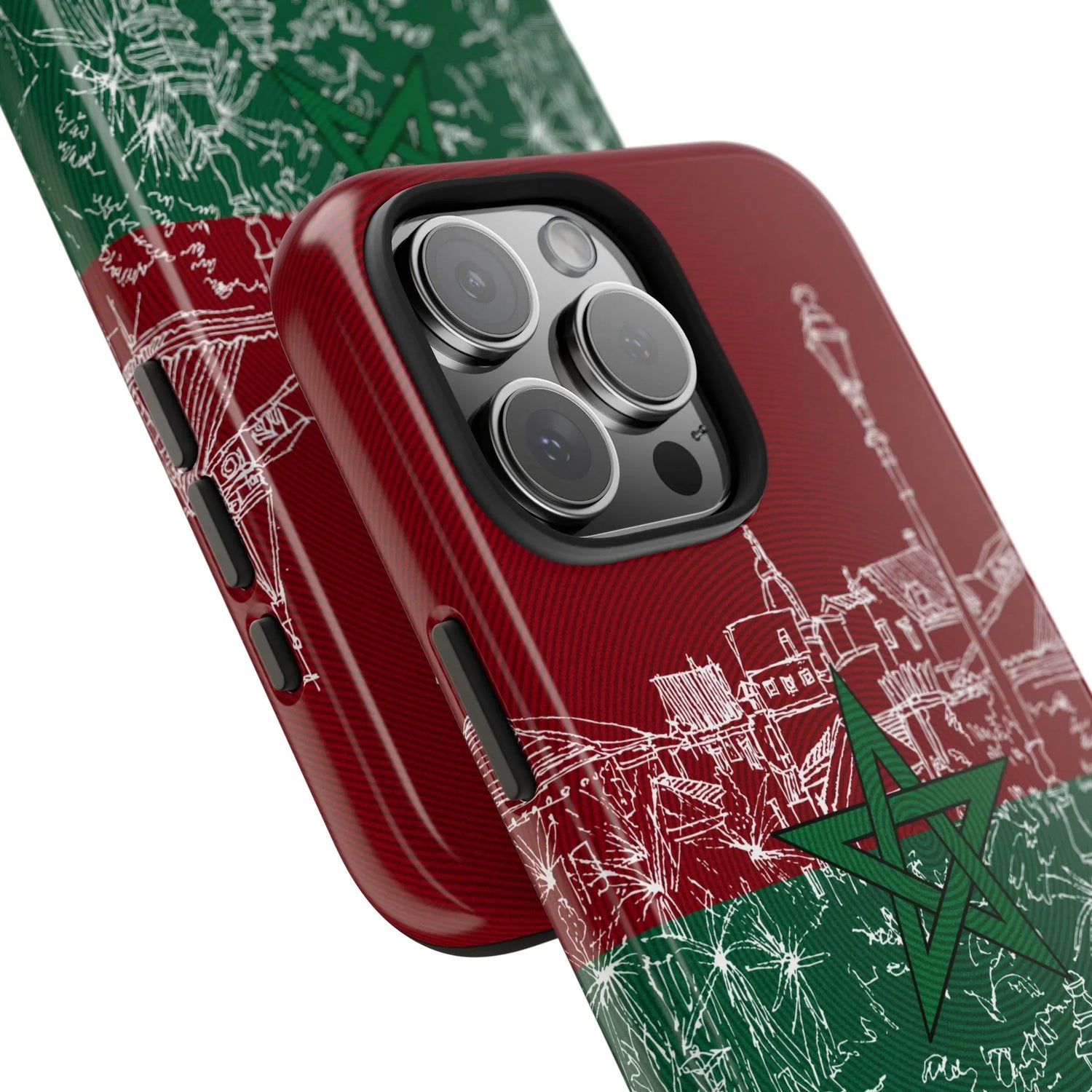Morocco Flag Sketch Tough Phone Case — Red &amp; Green Casablanca Cityscape - DiwaKi