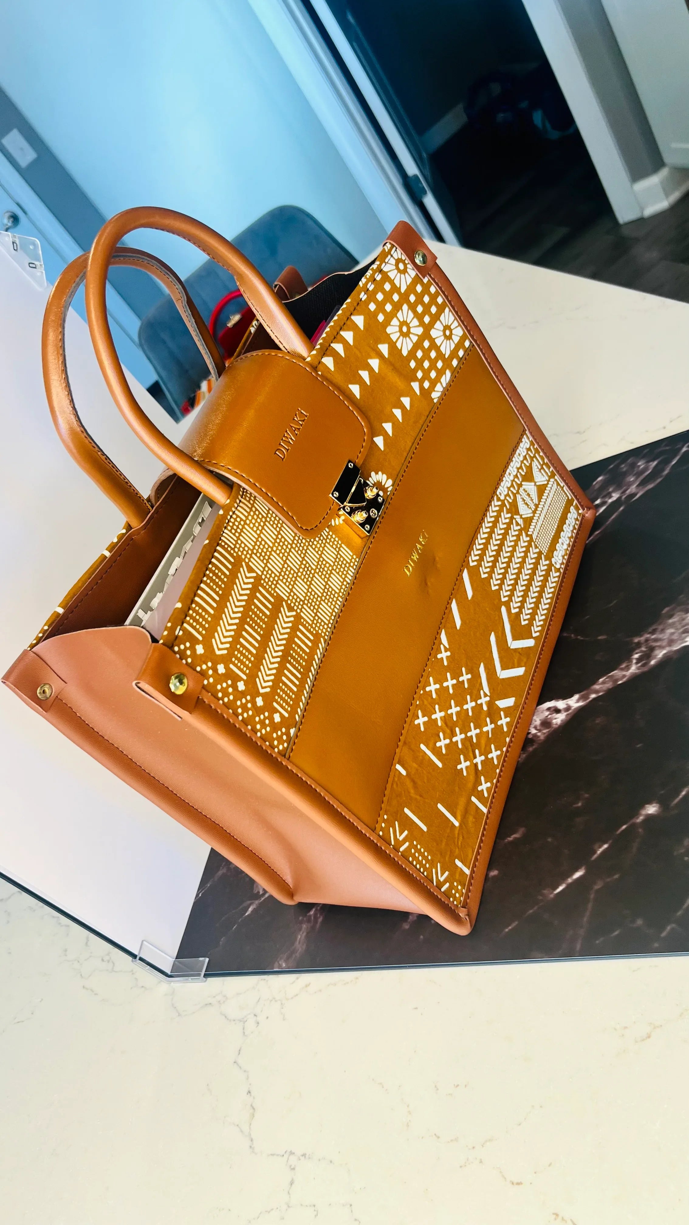 Diwaki tan mud cloth African tote bag - DiwaKi