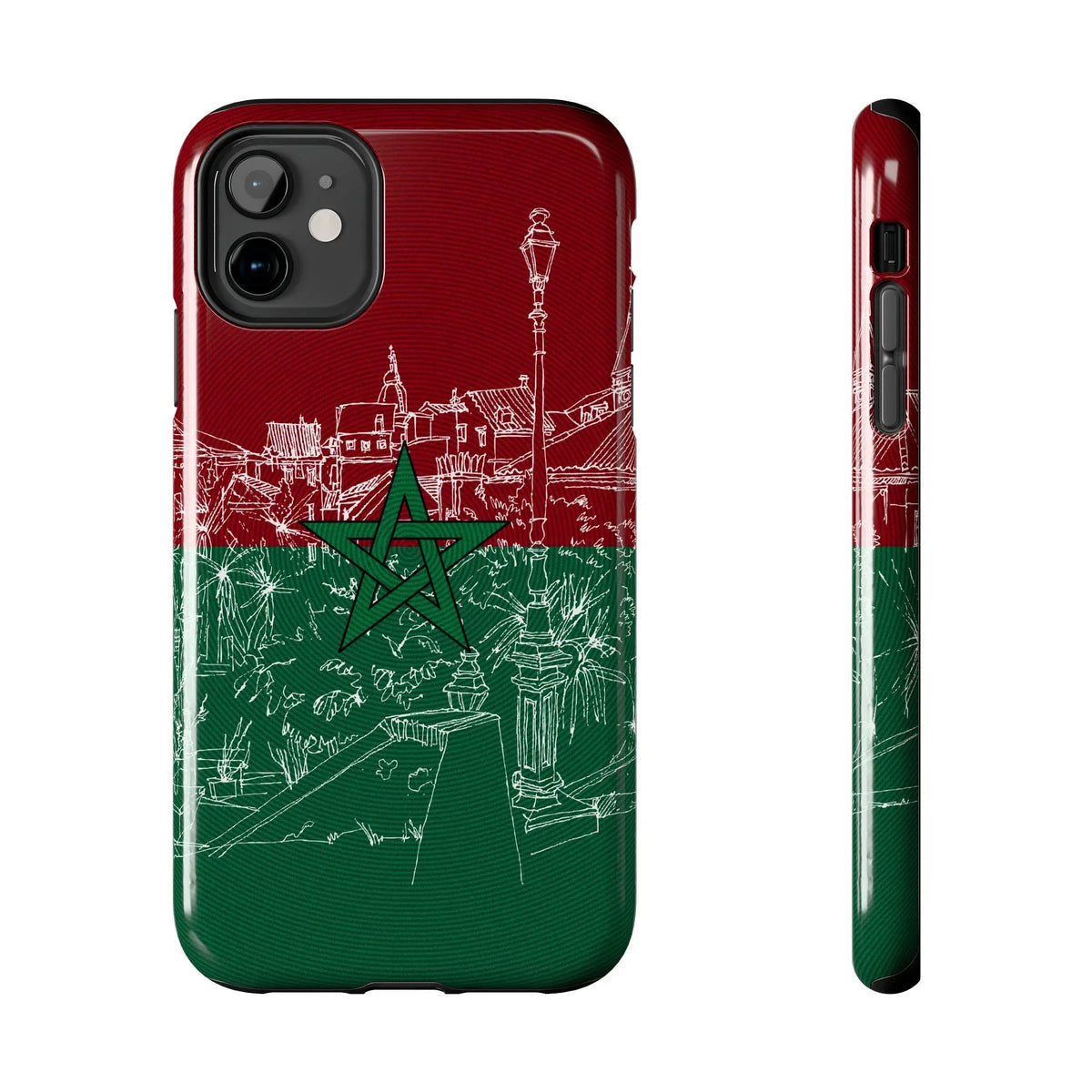 Morocco Flag Sketch Tough Phone Case — Red &amp; Green Casablanca Cityscape - DiwaKi