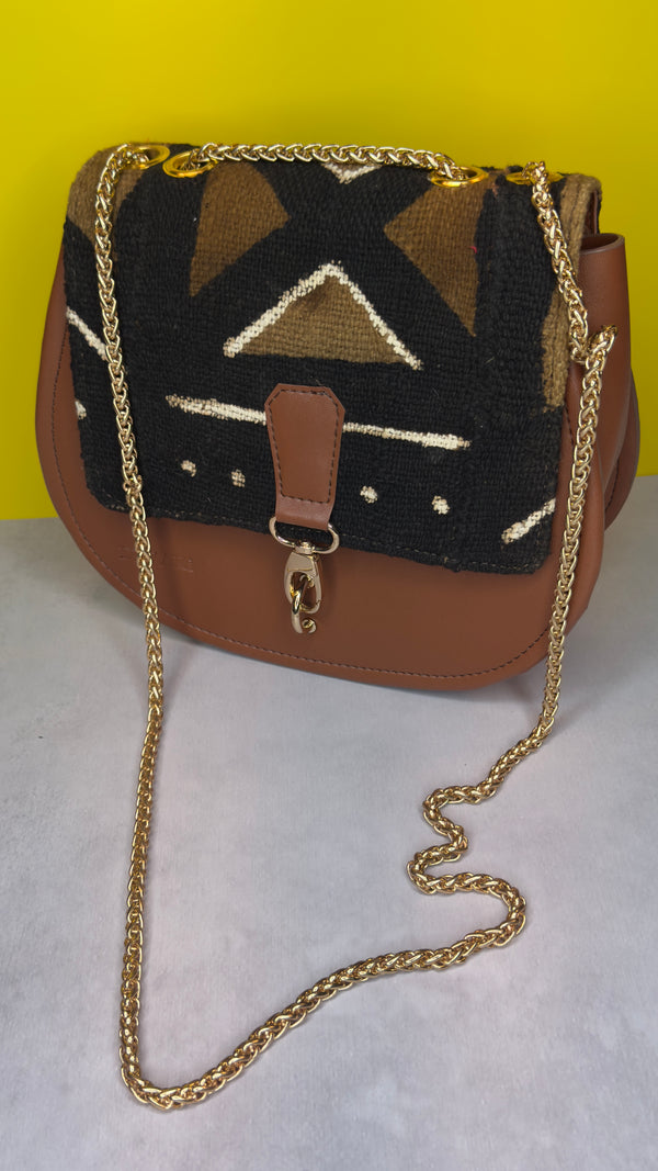 DiwaKi Bogolan Royale Chain Bag – African Mudcloth Leather Shoulder Bag with Gold Chain