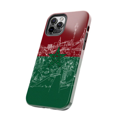 Morocco Flag Sketch Tough Phone Case — Red &amp; Green Casablanca Cityscape - DiwaKi