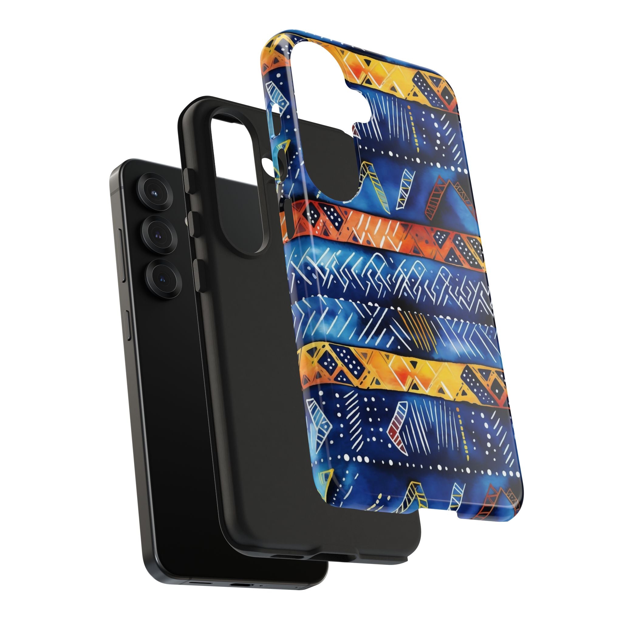African mudcloth Tribal Indigo Stripe Tough Phone Case — Blue &amp; Orange Geometric Protective Cover