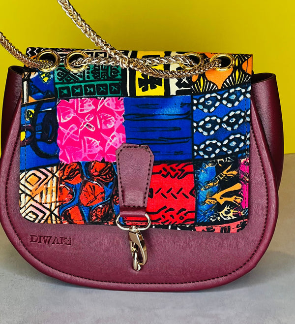 DiwaKi Ankara Patchwork Shoulder Bag – Burgundy Vegan Leather Crossbody with Gold Chain