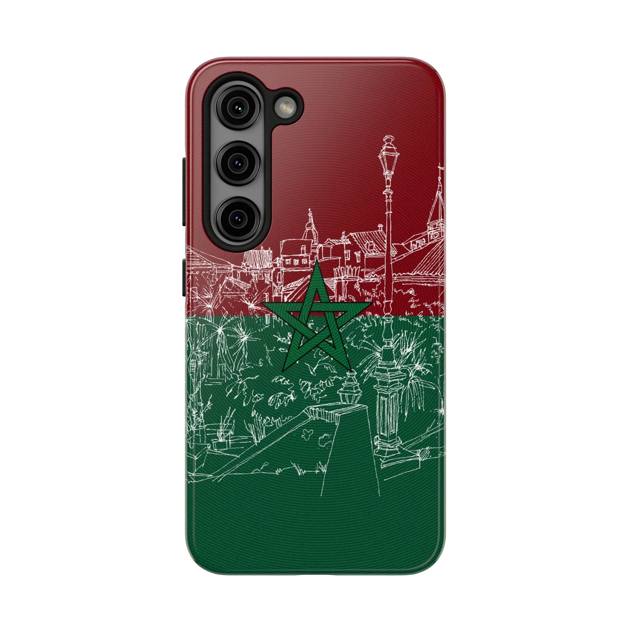 Morocco Flag Sketch Tough Phone Case — Red &amp; Green Casablanca Cityscape - DiwaKi
