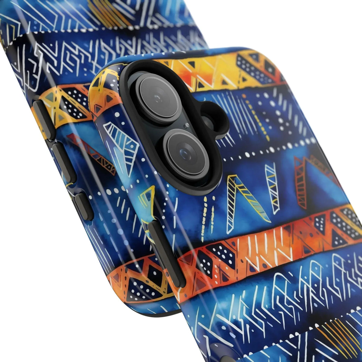African mudcloth Tribal Indigo Stripe Tough Phone Case — Blue &amp; Orange Geometric Protective Cover - DiwaKi