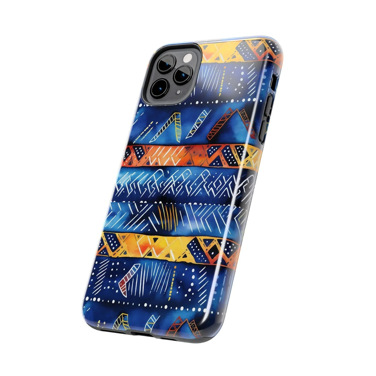 African mudcloth Tribal Indigo Stripe Tough Phone Case — Blue &amp; Orange Geometric Protective Cover - DiwaKi