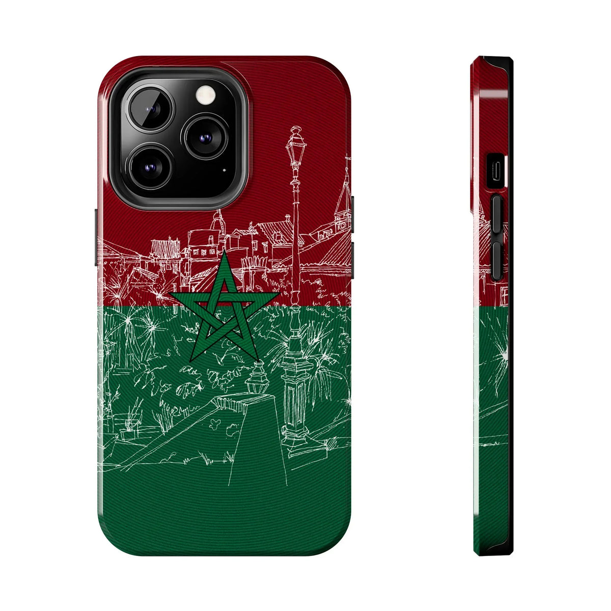 Morocco Flag Sketch Tough Phone Case — Red &amp; Green Casablanca Cityscape - DiwaKi